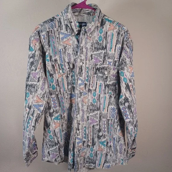 Wrangler Vintage Cowboy Cut Novelty Retro Print Geometric Long Sleeve Shirt XL - Picture 1 of 8